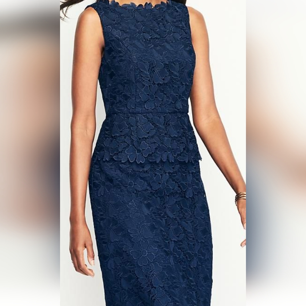 Talbots Navy Blue Floral Lace Peplum Sheath Dress Size 2P
